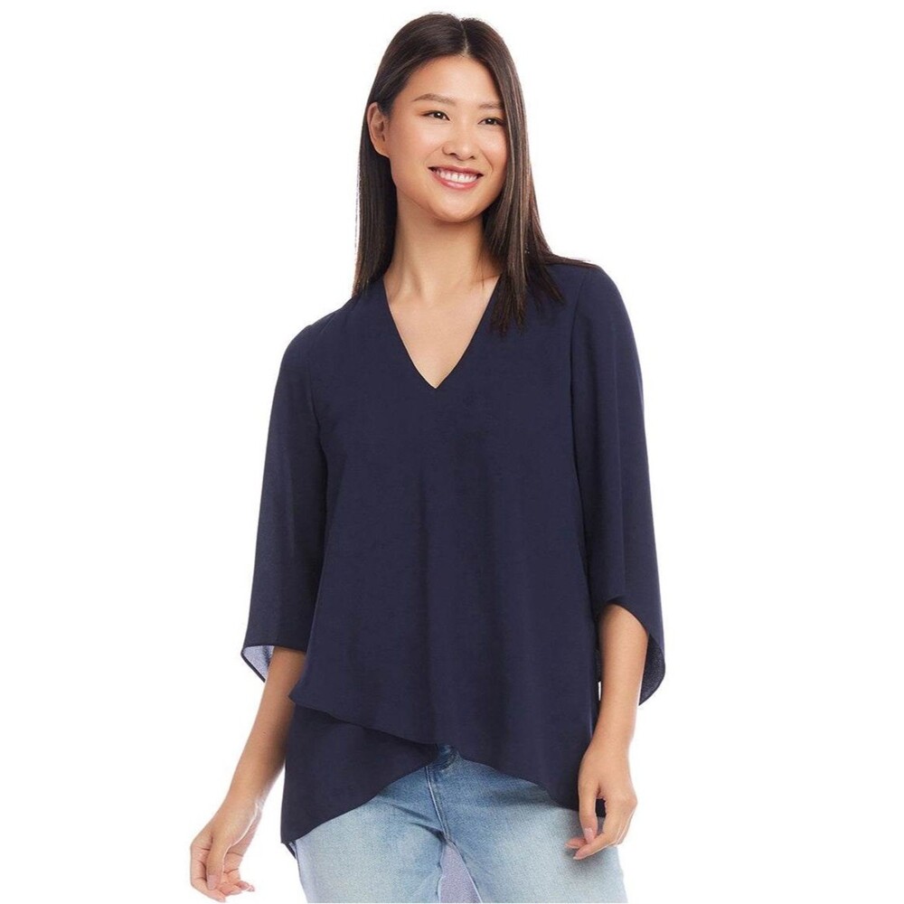 Karen Kane Bracelet Sleeve Asymmetric Top Navy XL Layered Hem NWOT